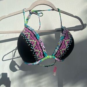 Victoria’s Secret Black Embroidered Push-up Hottie Halter Bikini Top 34C